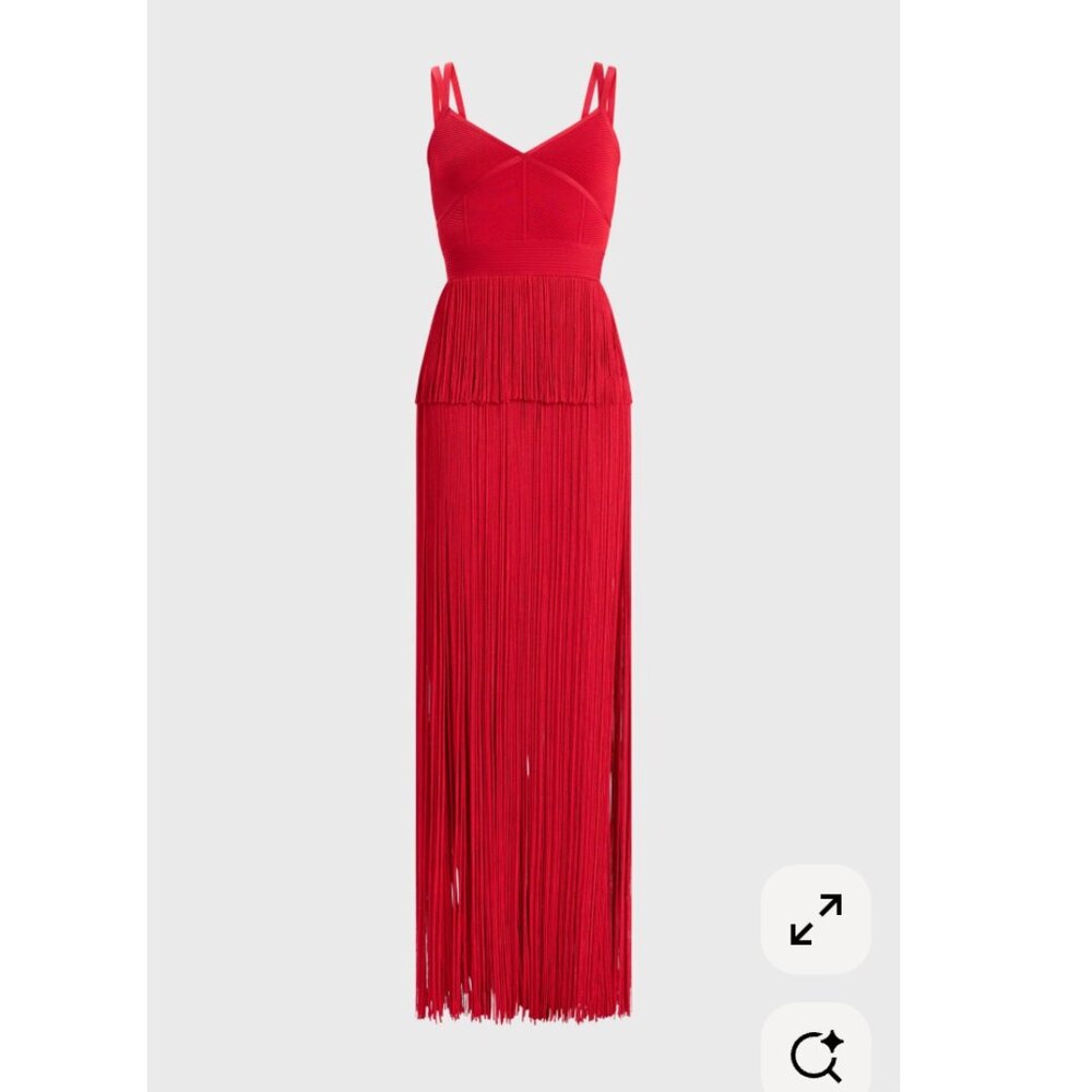 HERVE LEGER Strappy Ottoman Fringe Gown In Rio Red